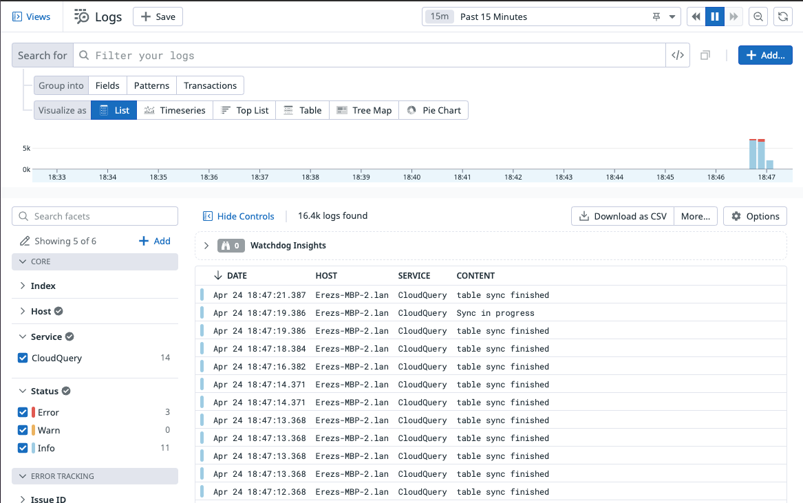 Datadog logs explorer