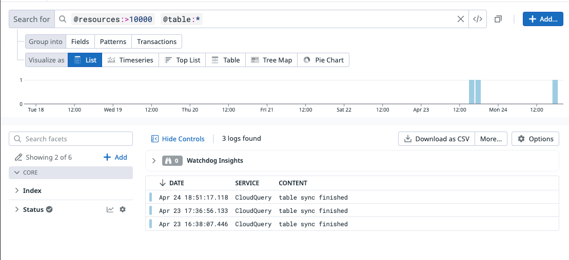 Datadog logs explorer query